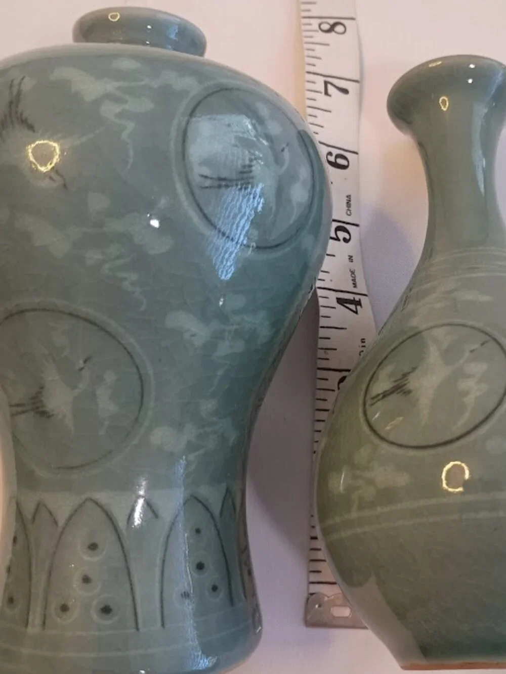 Vintage Korean Celadon Vase Set with Cranes and Clouds